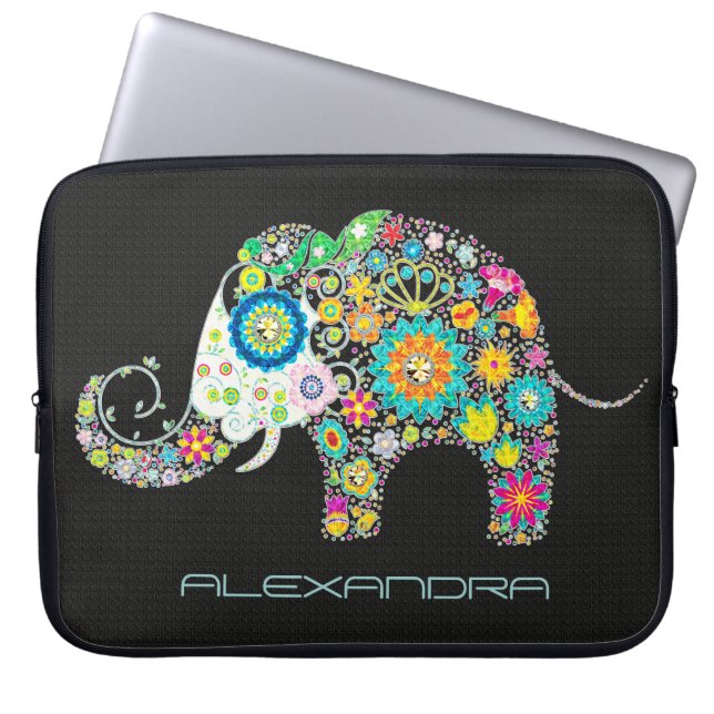 Elephant Form farbenfrohe Retro-Blume Laptopschutzhülle (Vorderseite)