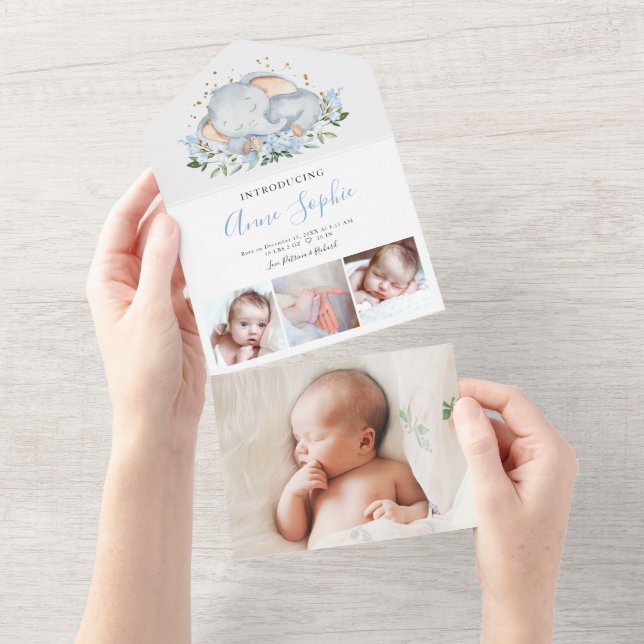 Elephant Foto Birth Announcement Card All In One Einladung (Abreißen)