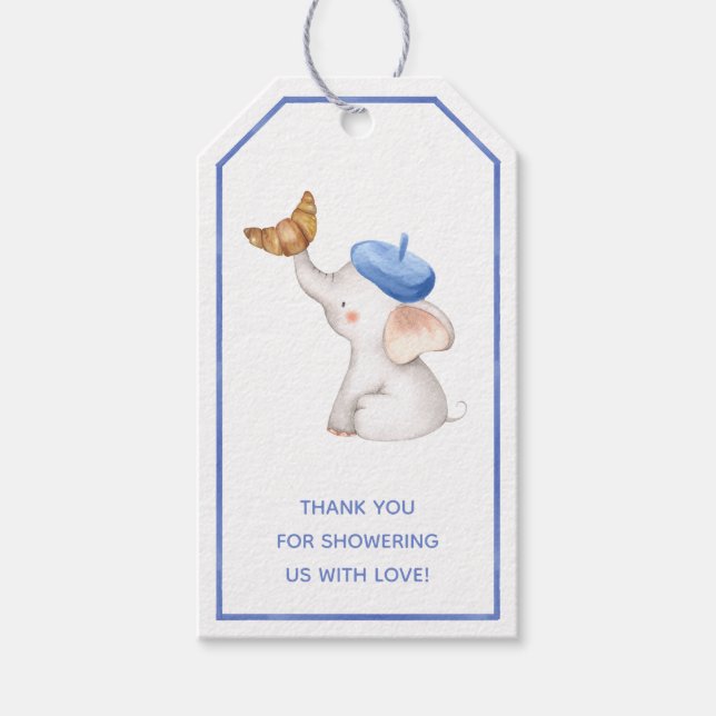 Elephant French Blue Boy Baby Shower Card Geschenkanhänger (Vorderseite)