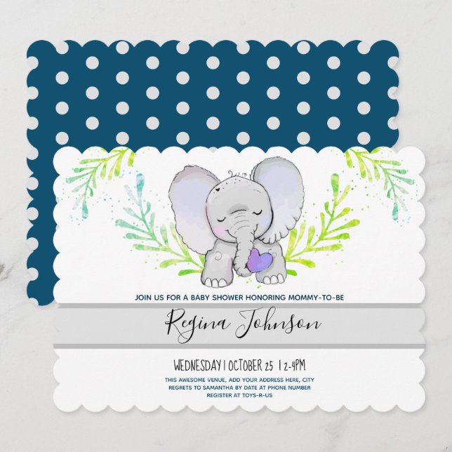 Elephant Gender Neutral Baby Dusche Einladung (Vorne/Hinten)