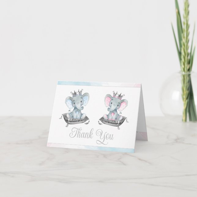 Elephant Gender Reveal and Twin Baby Shower Dankeskarte (Vorderseite)
