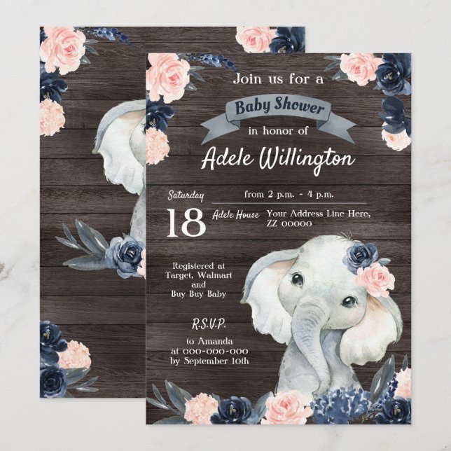 Elephant Geschenk Wasserfarben Blumennavy Pink Hol Einladung (Vorne/Hinten)
