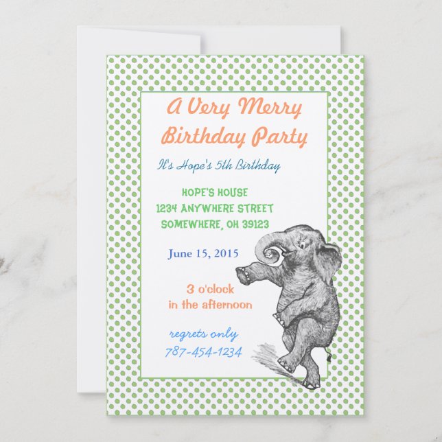 Eléphant Giraffe Anniversaire Invitation Green Dot (Devant)