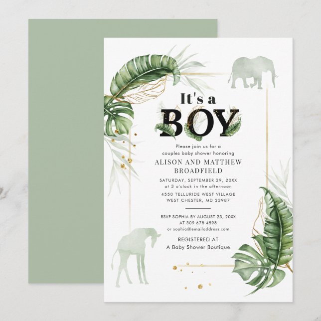 Elephant Giraffe Couples Baby Dusche Jungle Safari Einladung (Vorne/Hinten)