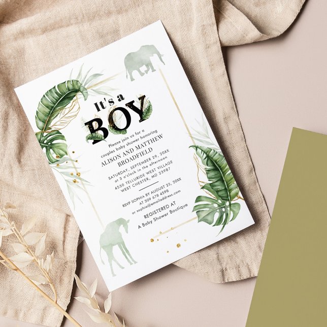 Elephant Giraffe Couples Safari Baby Dusche Einladung (Jungle Safari Animals Botanical Boy Baby Shower Invitation)