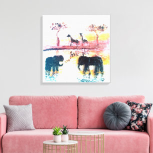 Elephant, Giraffe Safari Sunset Art Leinwanddruck
