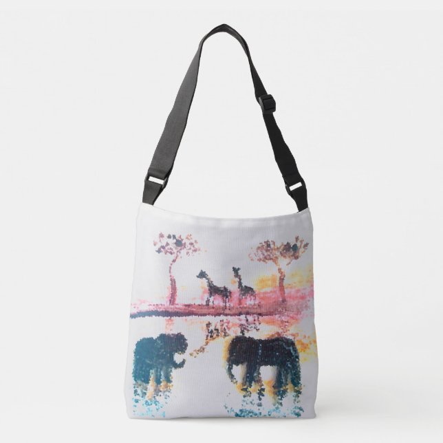 Elephant, Giraffe Sunset Art Personalisiert Tragetaschen Mit Langen Trägern (Vorderseite)