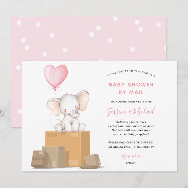 Elephant Girl Baby Dusche per Mail Einladung (Vorne/Hinten)