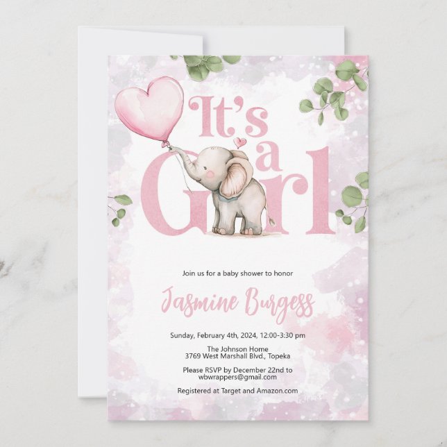 Elephant Girl Baby Shower Einladung (Vorderseite)