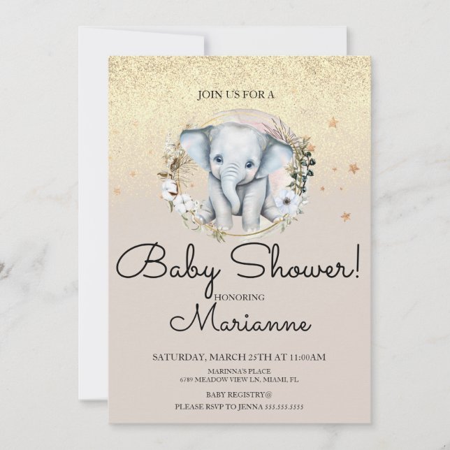 Elephant Girl Boy Baby Shooting Imitate Gold Glitz Einladung (Vorderseite)