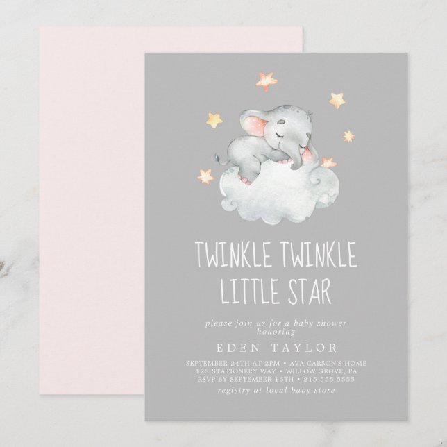 Elephant Girl | Gray Twinkle Twinkle Little Star Einladung (Vorne/Hinten)