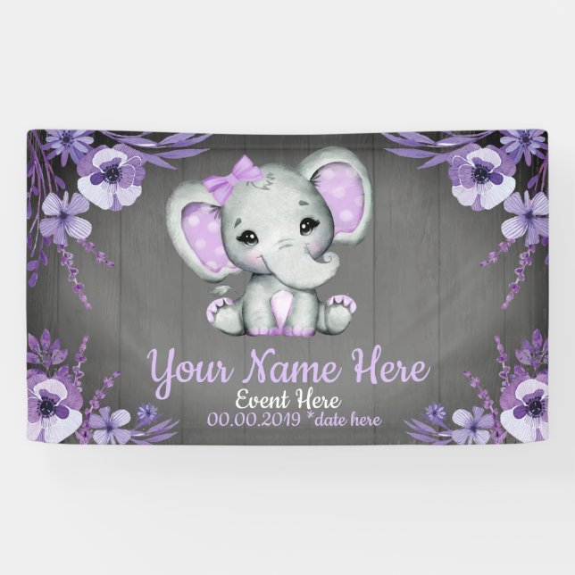Elephant Girl Lila Bow Backdrop Banner Floral (Horizontal)