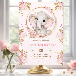 Elephant Girl Pink Floral 1. Geburtstag Einladung