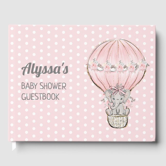 Elephant Girl Pink Hot Air Ballon Babydusche Gästebuch (Vorderseite)