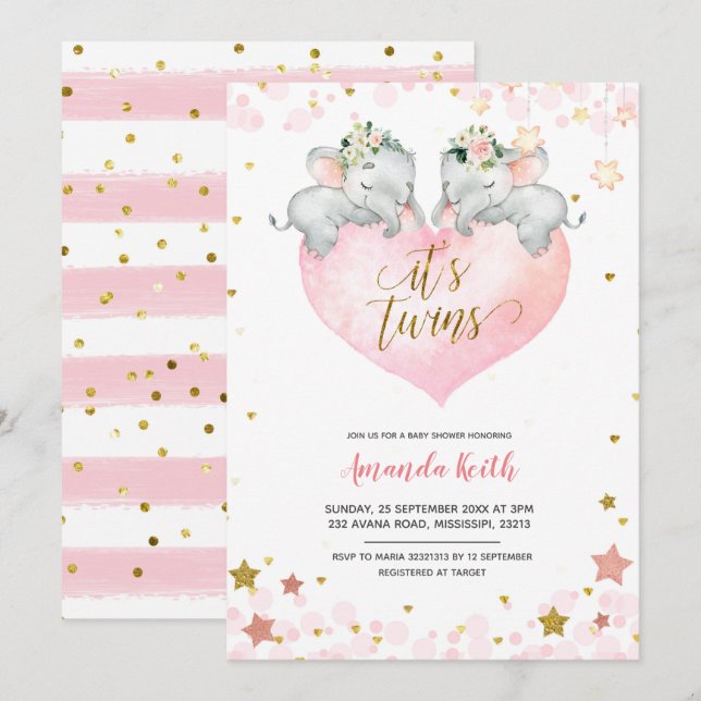 Elephant Girl Twins Kinderdusche Einladung (Vorne/Hinten)