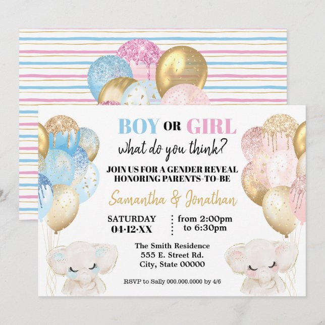 Elephant Gold Glitzer Balloons Gender-Enthüllung Einladung (Vorne/Hinten)