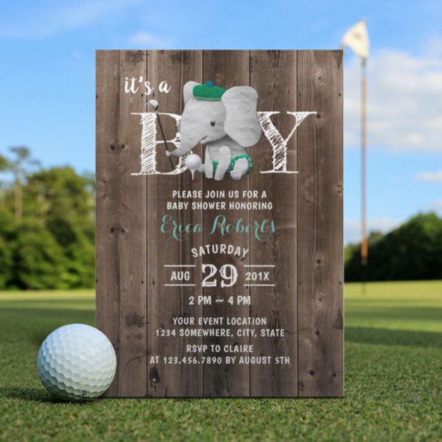 Elephant Golf Boy Rustic Barn Wood Baby Dusche Einladung (Von Creator hochgeladen)