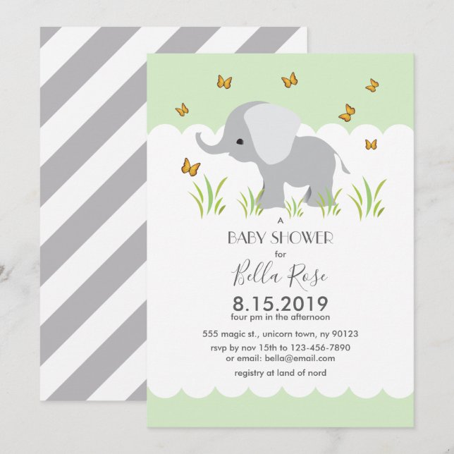 Elephant Gray Stripes Babydusche einladen Einladung (Vorne/Hinten)