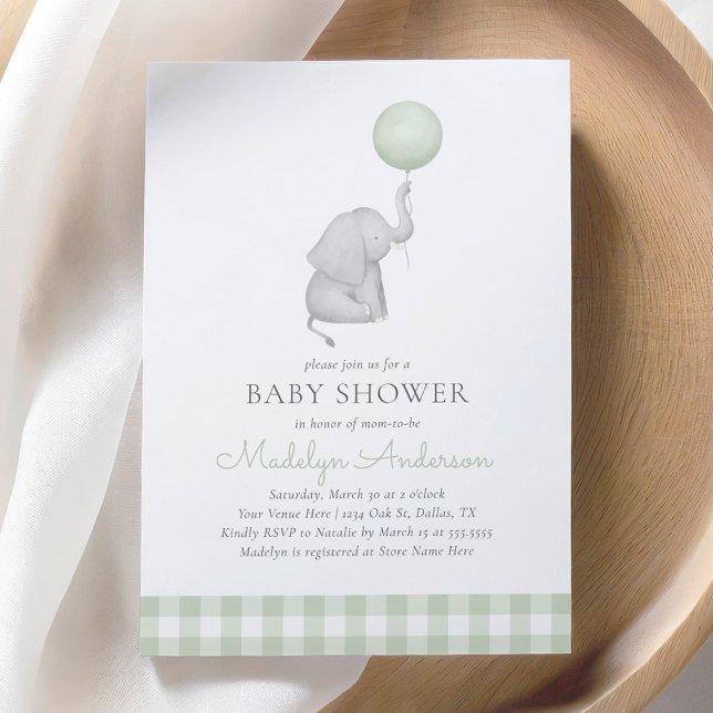 Elephant Green Balloon Gender Neutral Baby Shower Einladung (Von Creator hochgeladen)