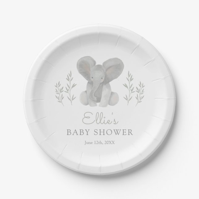 Elephant Greenery Baby Shower Pappteller (Vorderseite)