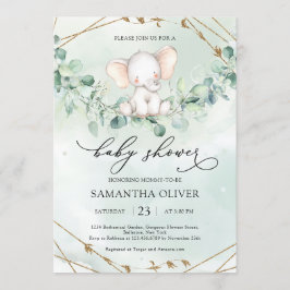 Elephant Greenery Eucalyptus Gold Geometric Baby Einladung