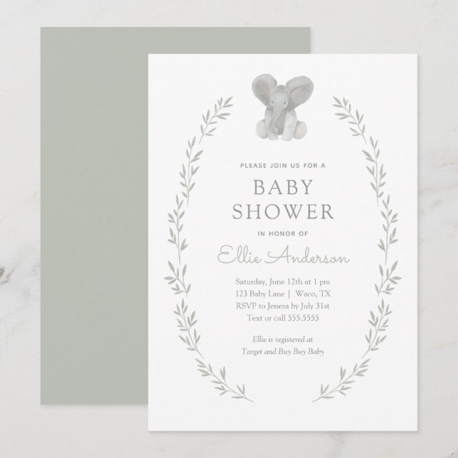 Elephant Greenery Gender Neutral Baby Dusche Einladung (Vorne/Hinten)