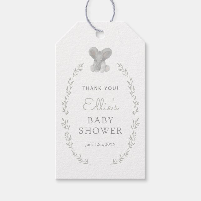 Elephant Greenery Gender Neutral Baby Dusche Geschenkanhänger (Vorderseite)