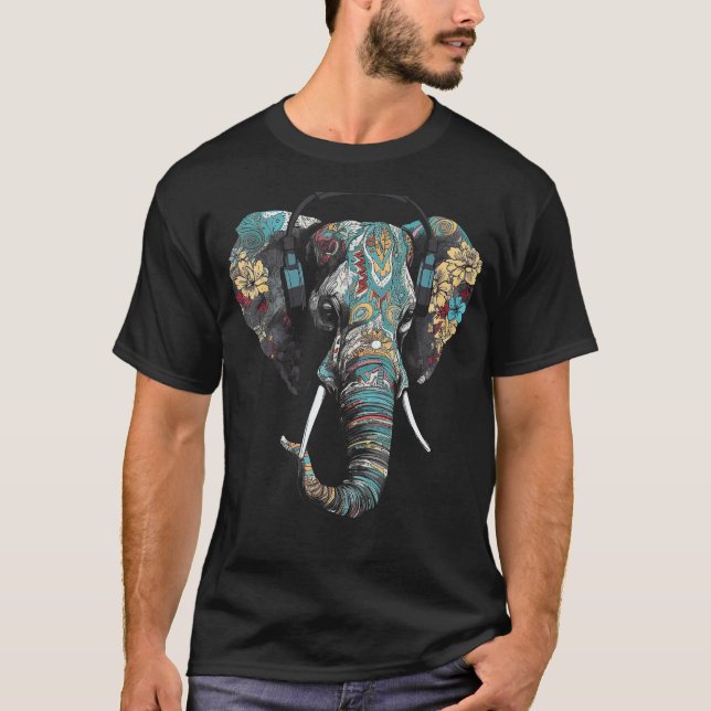 Elephant Headphones Artwork Music Animal Blume El T-Shirt (Vorderseite)