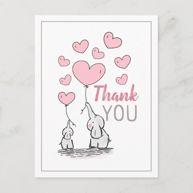 Elephant Hearts Baby Dusche Danke Postcard Einladungspostkarte (Vorderseite)