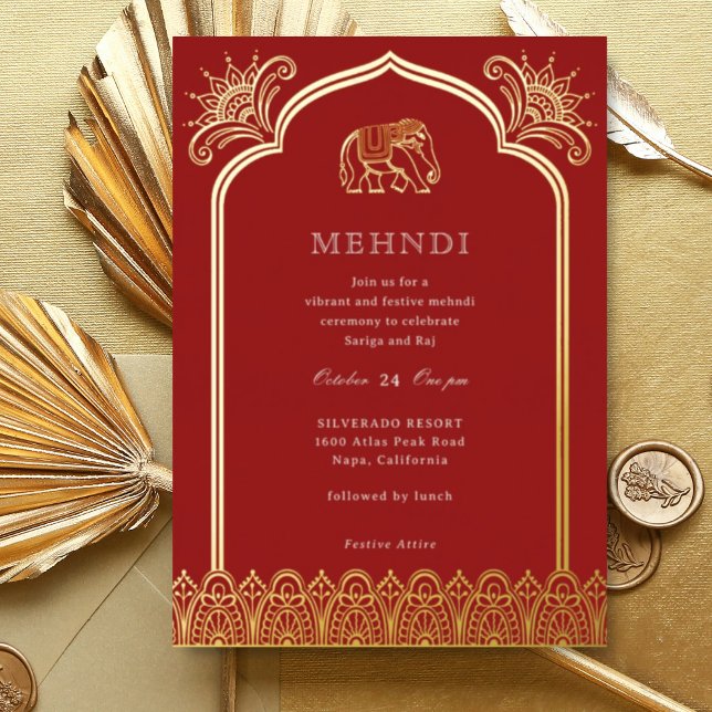Elephant & Henna Design Muster Indian Mehndi Gold Folieneinladung (Red Indian wedding Mehndi invitation, elephant and lotus flower, hindu wedding invitation card)