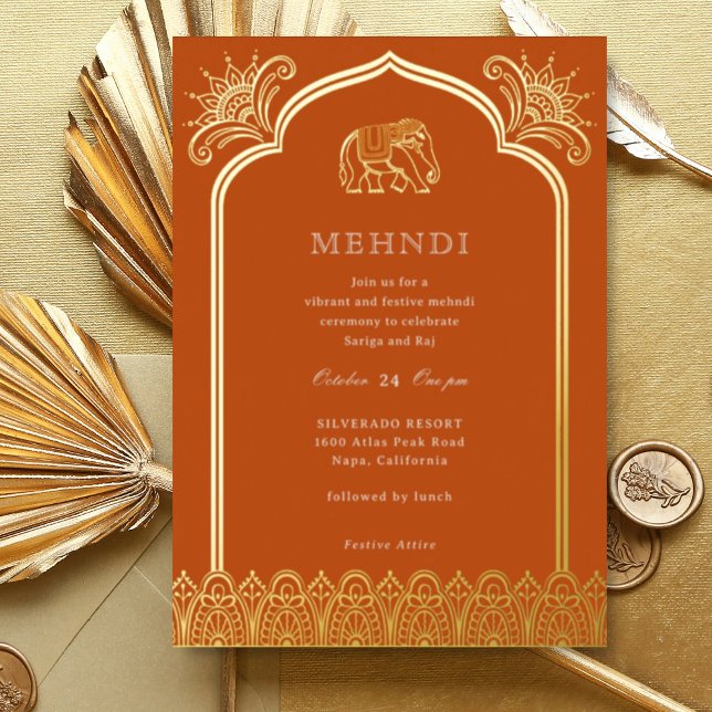 Elephant & Henna Design Muster Indian Mehndi Gold Folieneinladung (Orange Indian wedding Mehndi invitation, elephant and lotus flower, hindu wedding invitation card)
