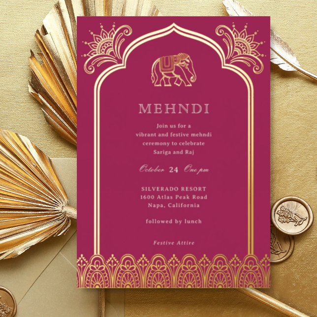 Elephant & Henna Design Muster Indian Mehndi Gold Folieneinladung (Pink Indian wedding Mehndi invitation, elephant and lotus flower, hindu wedding invitation card)