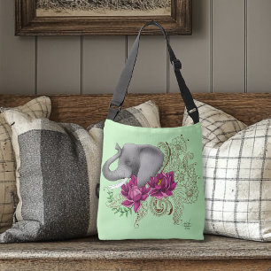 Elephant Henna Lotus Blume Tragetaschen Mit Langen Trägern