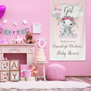 Elephant Hot Air Ballon Babydusche Es ist ein Mädc Banner
