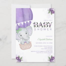 Elephant Hot Air Ballon Lila Floral Baby Dusche Einladung