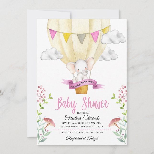 Elephant Hot Air Balloon Baby Shower Einladung (Vorderseite)