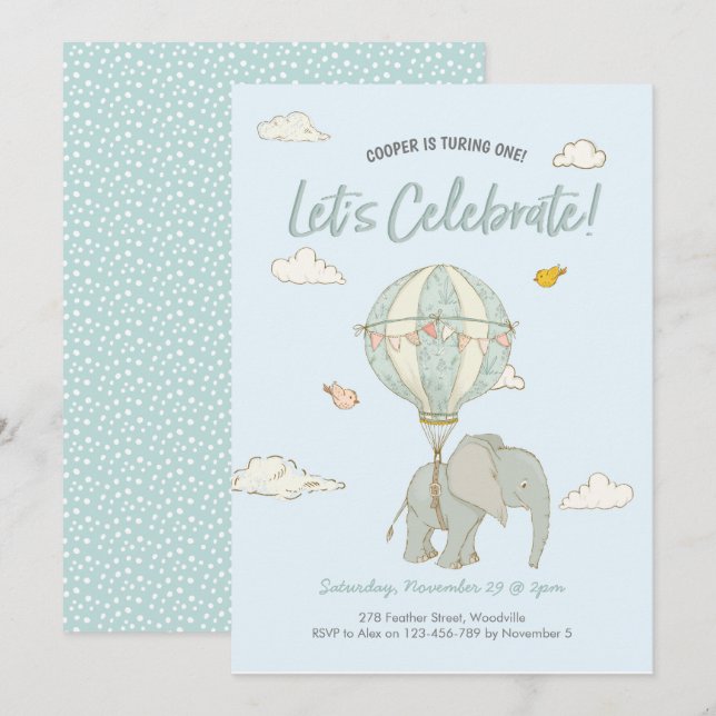 Elephant Hot Air Balloon Boys Invitation Anniversa (Devant / Derrière)