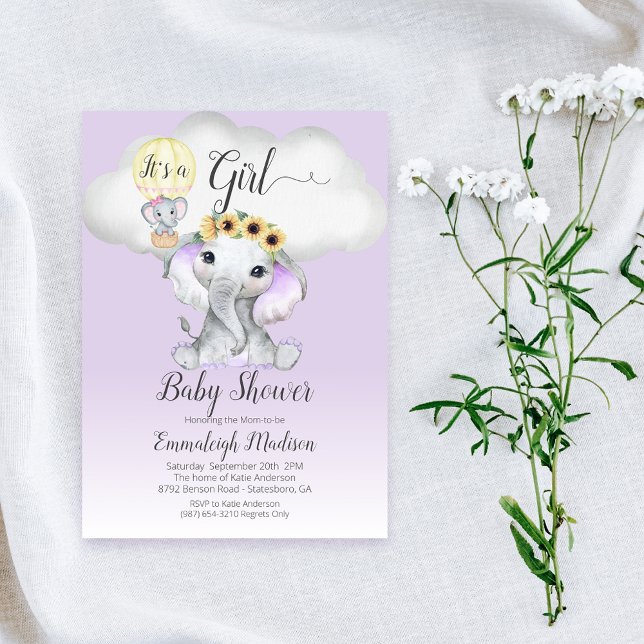 Elephant Hot Air Balloon Girl Baby Shower | LILA Einladung (Von Creator hochgeladen)