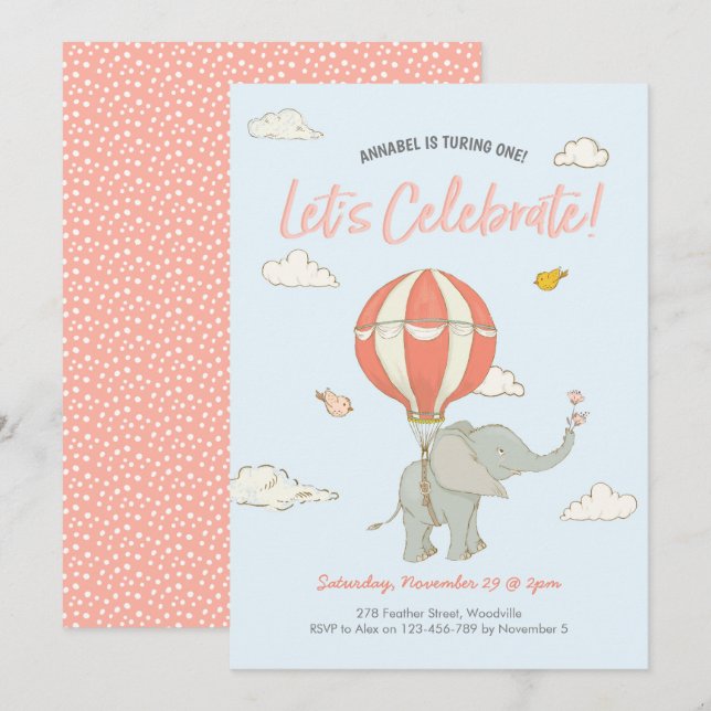 Elephant Hot Air Balloon Invitation Anniversaire (Devant / Derrière)