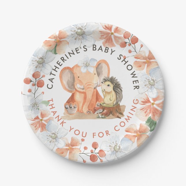 Elephant Igel Name Danke Girl Baby Dusche Pappteller (Vorderseite)