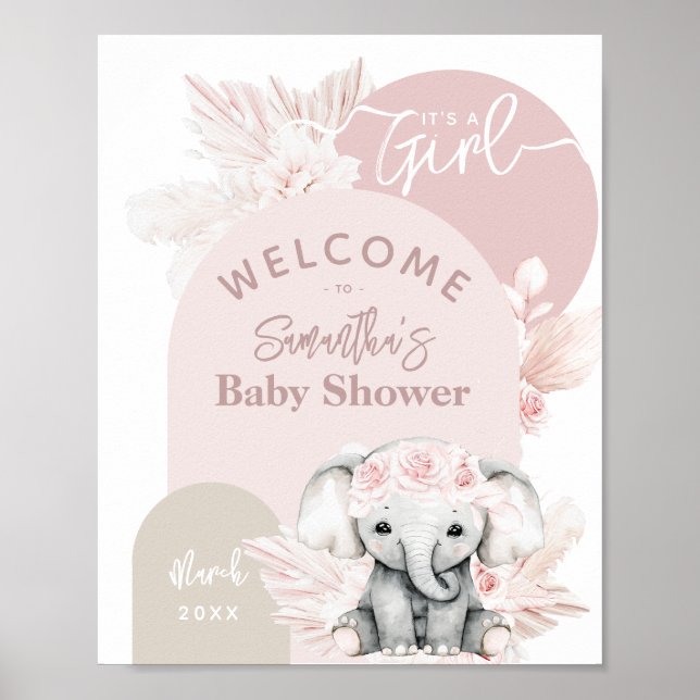 Elephant ist ein Mädchen Boho Floral Pink Baby Dus Poster (Vorne)