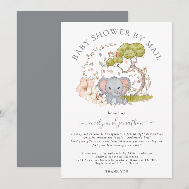 Elephant Jungle Foliage Gray Baby Shower by Mail Einladung (Vorne/Hinten)