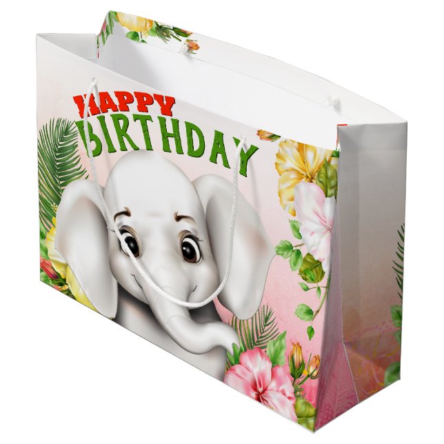 Elephant Jungle Safari Girl Birthday Große Geschenktüte (Rückseite Schrägansicht)