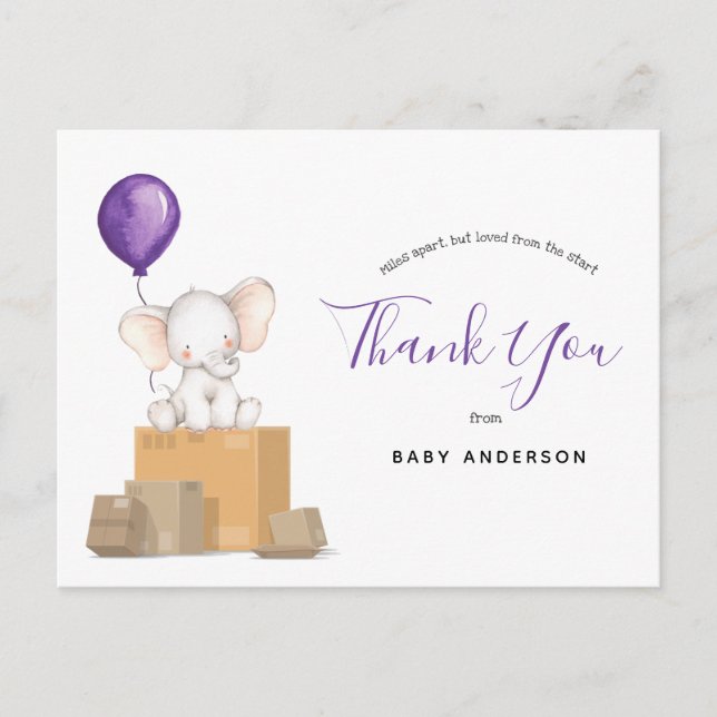 Elephant Lila Baby Dusche by Mail Vielen Dank Postkarte (Vorderseite)