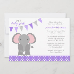 Elephant Lila Polka Dot Banner Girl Baby Dusche Einladung