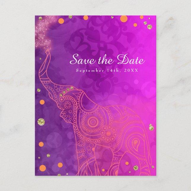 Elephant Lila rosa Orange & Gold Save the Date Ankündigungspostkarte (Vorderseite)