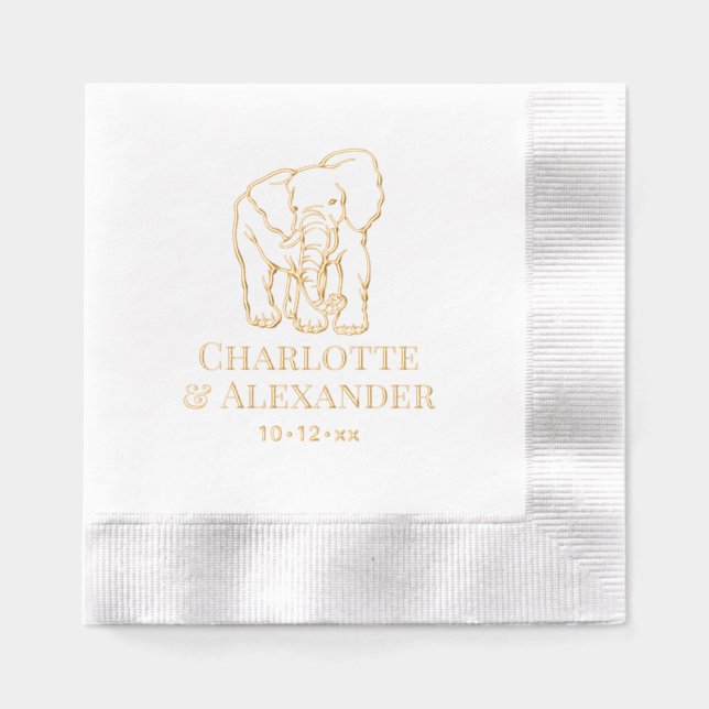 Elephant Line Art Wedding Couple Name Datum Servietten Mit Folie (Vorderseite)