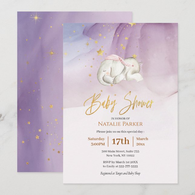Elephant Little Star Watercolor Babydusche Einladung (Vorne/Hinten)