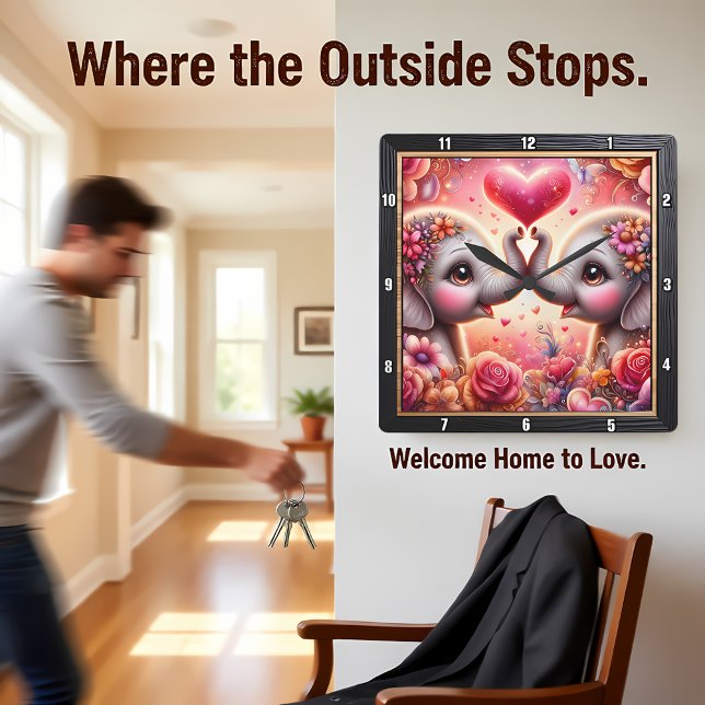 Elephant Love Heart Pink Quadratische Wanduhr (Von Creator hochgeladen)