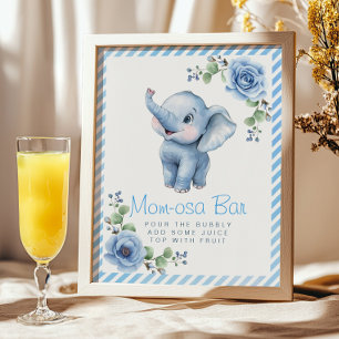 Elephant Mama-osa Bar Sign - Blue Floral Baby Show Poster